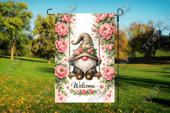 Download Gnome on Swing Floral Garden Flag - Garden flag Collection